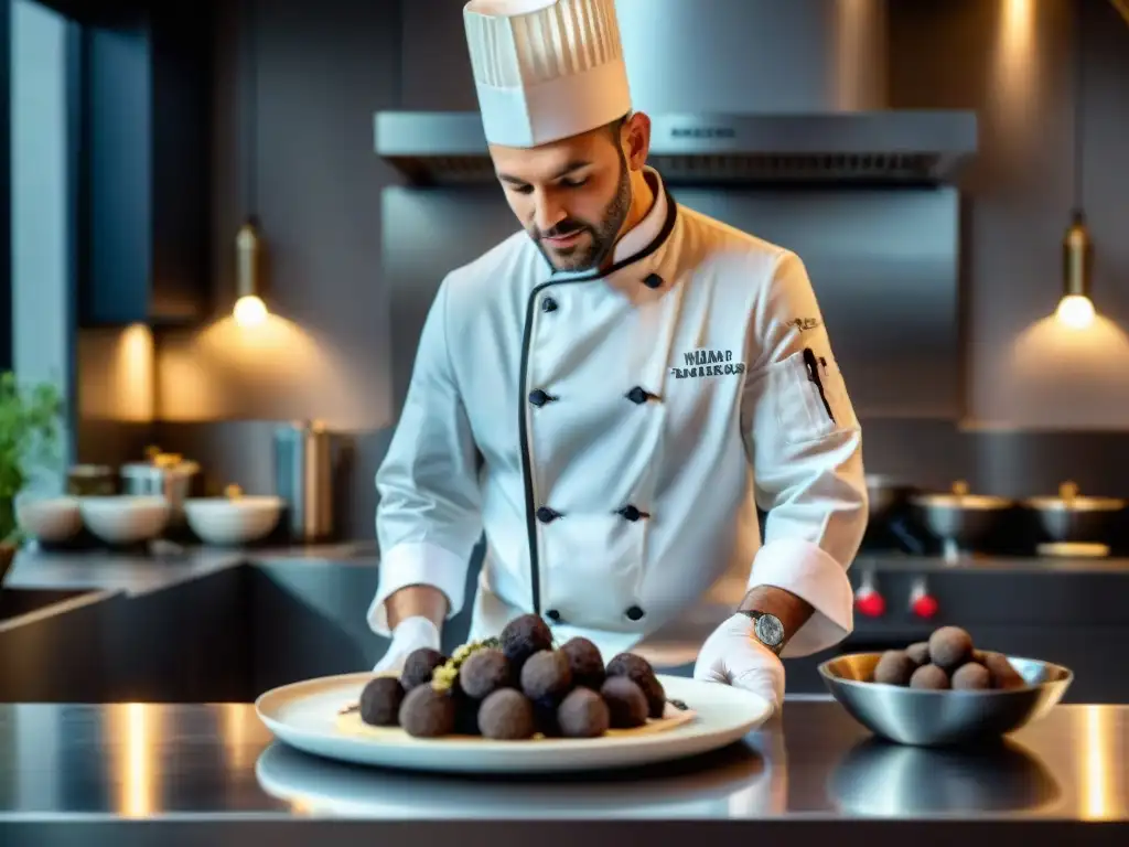 Un chef francés renombrado en su cocina moderna, delicadamente rallando trufas negras sobre un exquisito plato