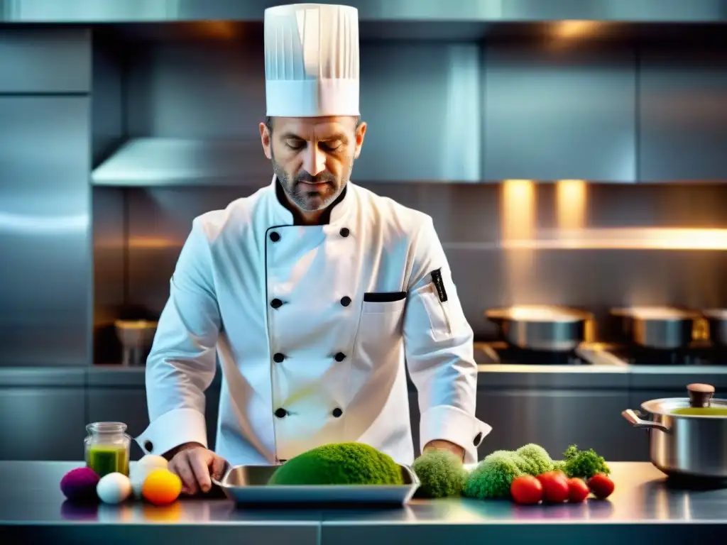Chef francés innovador en cocina moderna: tradición y vanguardia Un chef francés renombrado en su cocina moderna, experimentando con innovaciones culinarias en Francia