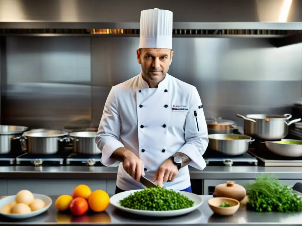 Un chef francés renombrado preparando con precisión e innovación en una cocina moderna