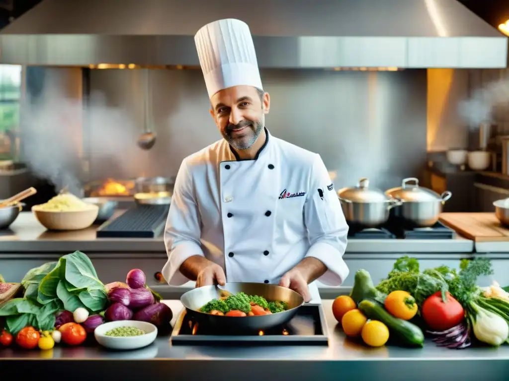 Un chef francés renombrado en una cocina tradicional, rodeado de productos frescos de granja