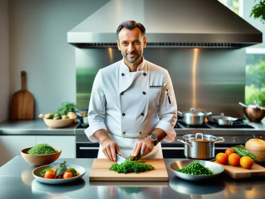 Un chef francés renombrado en una cocina sostenible y chic, creando platos vibrantes con precisión artística