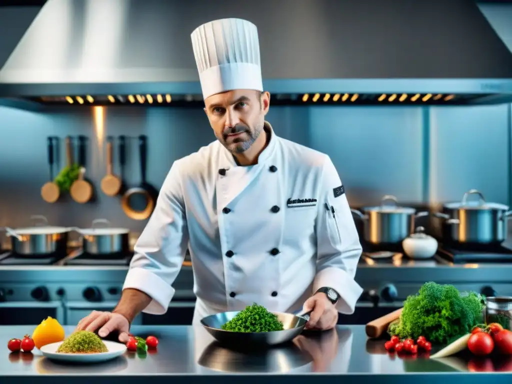 Un chef francés renombrado en una cocina moderna, rodeado de innovaciones culinarias en cocina francesa