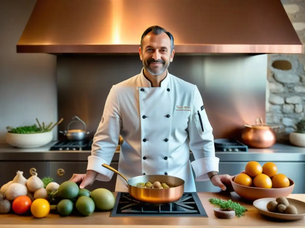 Un chef francés renombrado en una cocina del Suroeste francés innovadora, cocinando un plato Gascon con productos locales