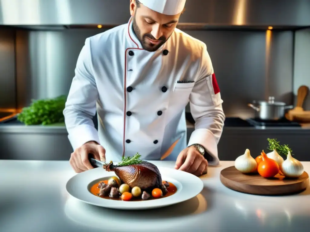 Un chef francés renombrado prepara un coq au vin en una cocina moderna, combinando técnica tradicional con presentación innovadora