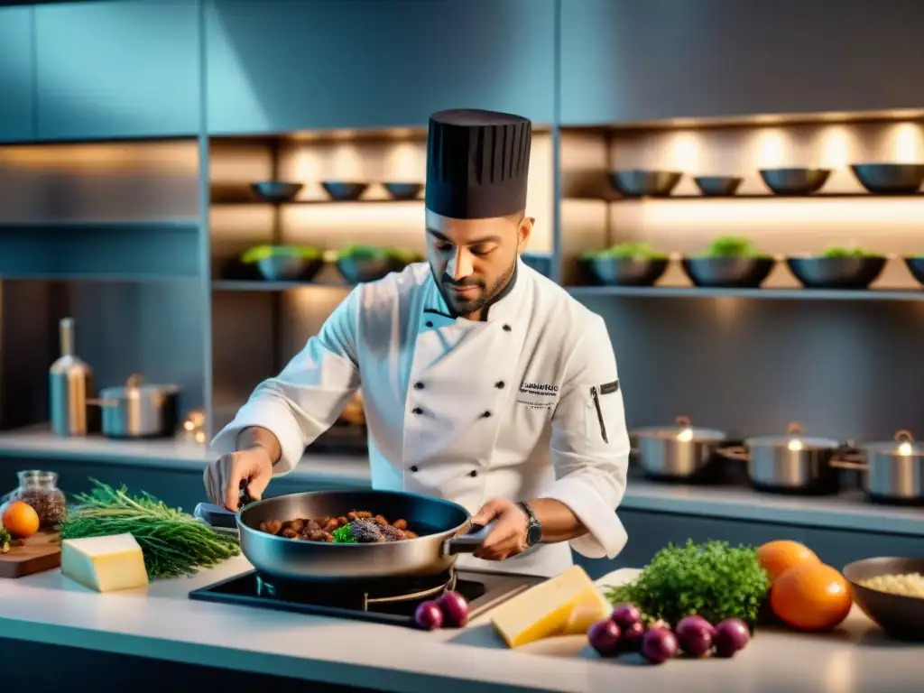 Un chef francés renombrado preparando Coq au Vin con tecnología avanzada y técnicas tradicionales