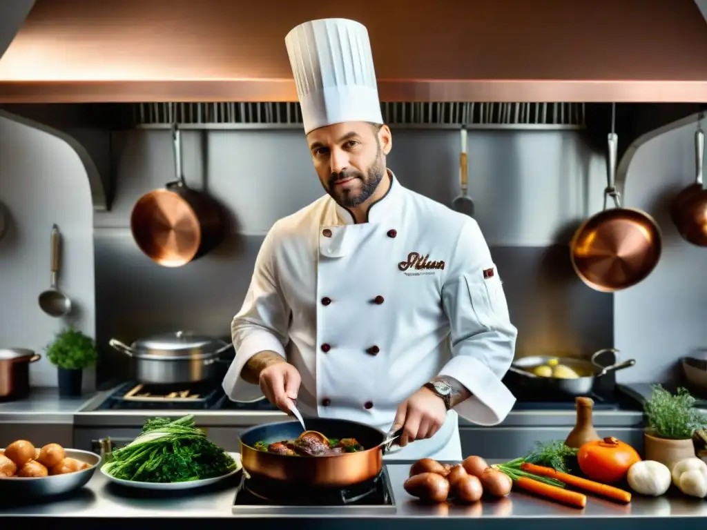 Un chef francés renombrado preparando Coq au Vin en una cocina parisina, mostrando maestría