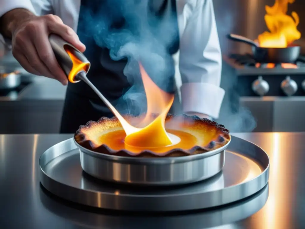 Un chef francés renombrado caramelizando un crème brûlée en una cocina de vanguardia