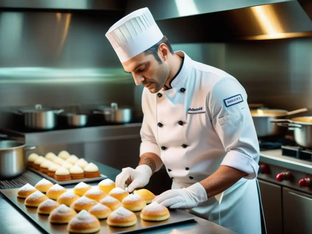 Un chef francés renombrado creando una delicada obra maestra culinaria en una cocina tradicional francesa