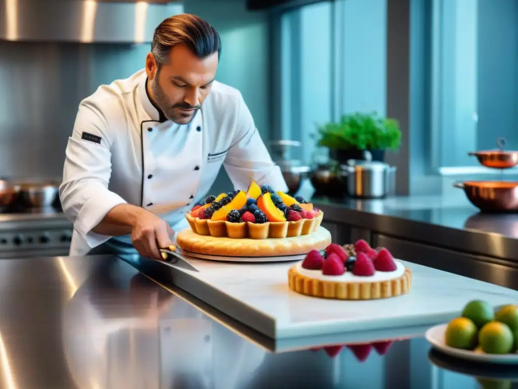 Un chef francés renombrado creando una delicada obra maestra culinaria en una cocina moderna