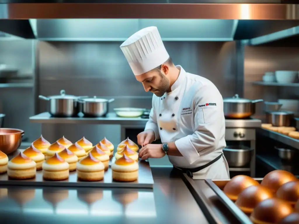 Un chef francés renombrado realiza una elaborada pastelería en una cocina estrellada Michelin