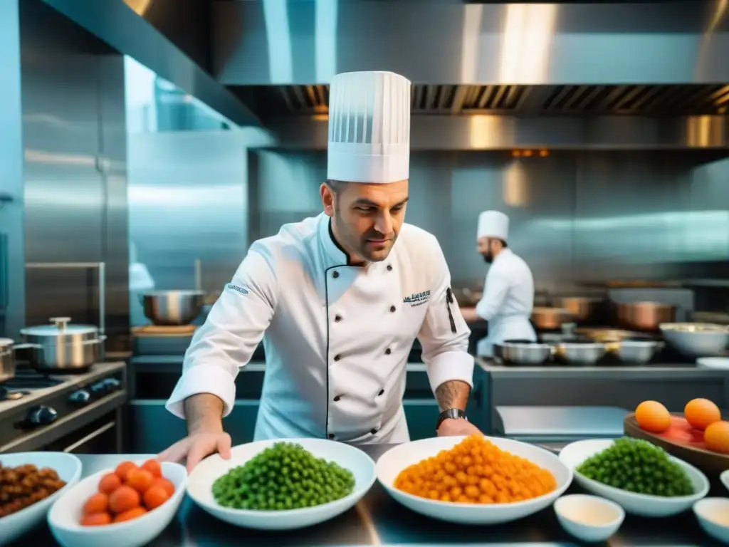 Un chef francés renombrado lidera su equipo en una cocina moderna, preparando un plato francés con un toque contemporáneo