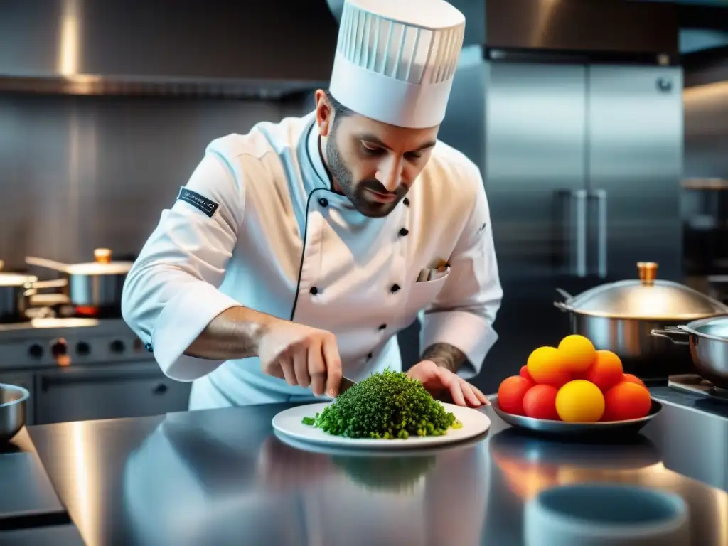 Un chef francés renombrado y su equipo preparan un innovador y visualmente impresionante plato en una cocina moderna