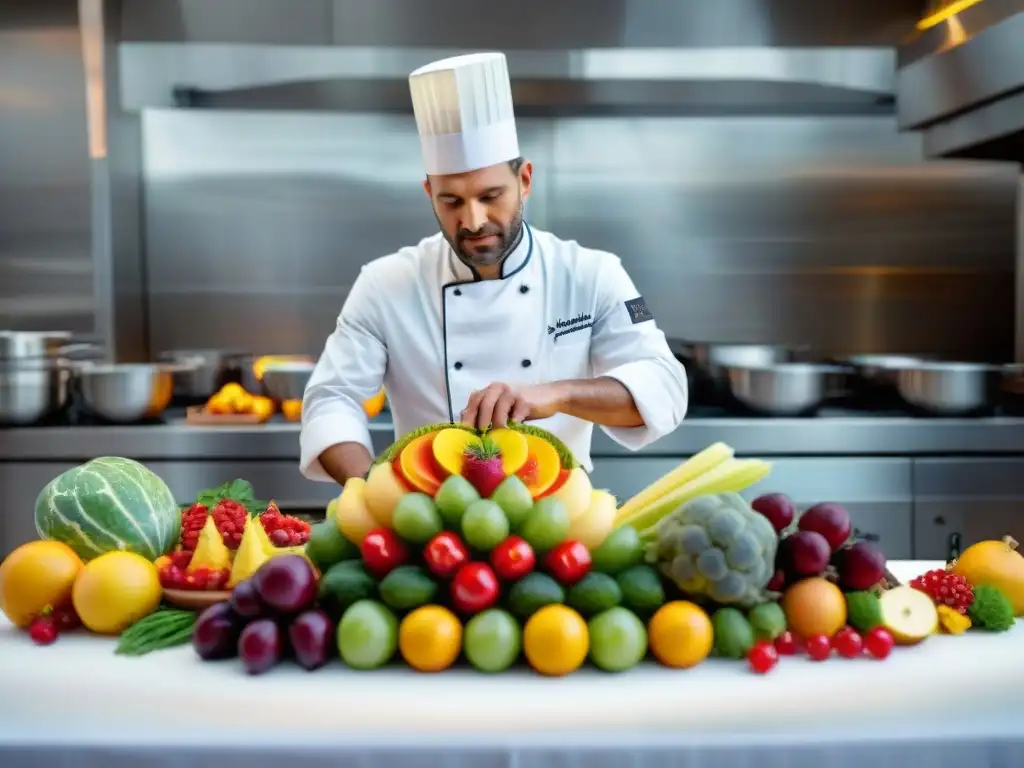 Un chef francés renombrado crea una escultura de frutas con precisión y arte