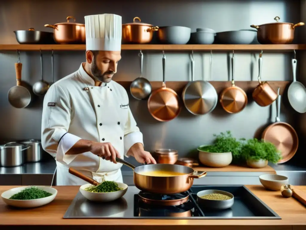 Un chef francés renombrado preparando una exquisita salsa Bechamel en una cocina tradicional