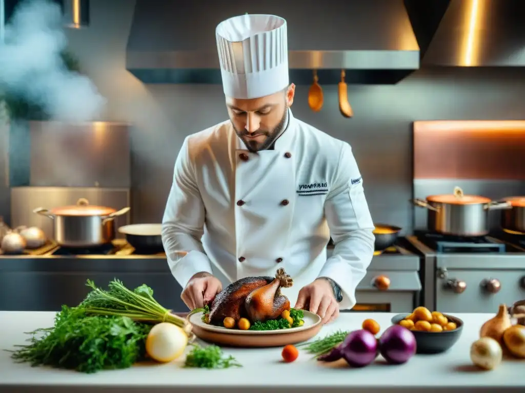 Un chef francés renombrado prepara un exquisito Coq au Vin en una cocina clásica