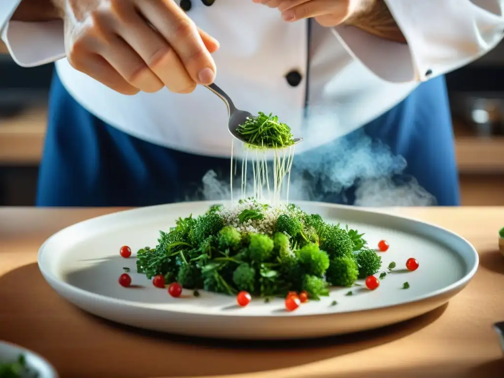 Un chef francés renombrado esparciendo hierbas frescas sobre un exquisito plato, mostrando maestría culinaria
