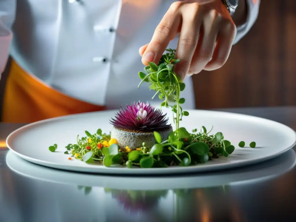 Un chef francés renombrado influencia de la Nouvelle Cuisine, creando un plato vanguardista en una cocina moderna y vibrante