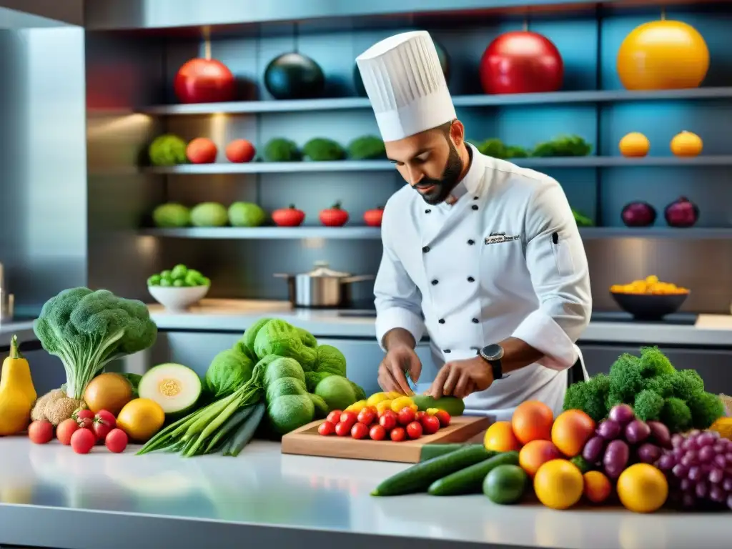 Un chef francés renombrado crea innovaciones culinarias con frutas y verduras en una cocina moderna y luminosa