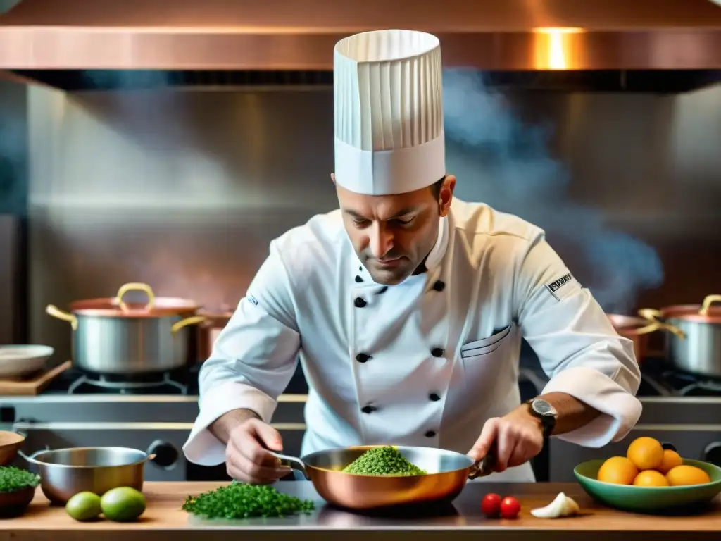 Un chef francés renombrado crea innovaciones culinarias en gastronomía francesa en una cocina tradicional