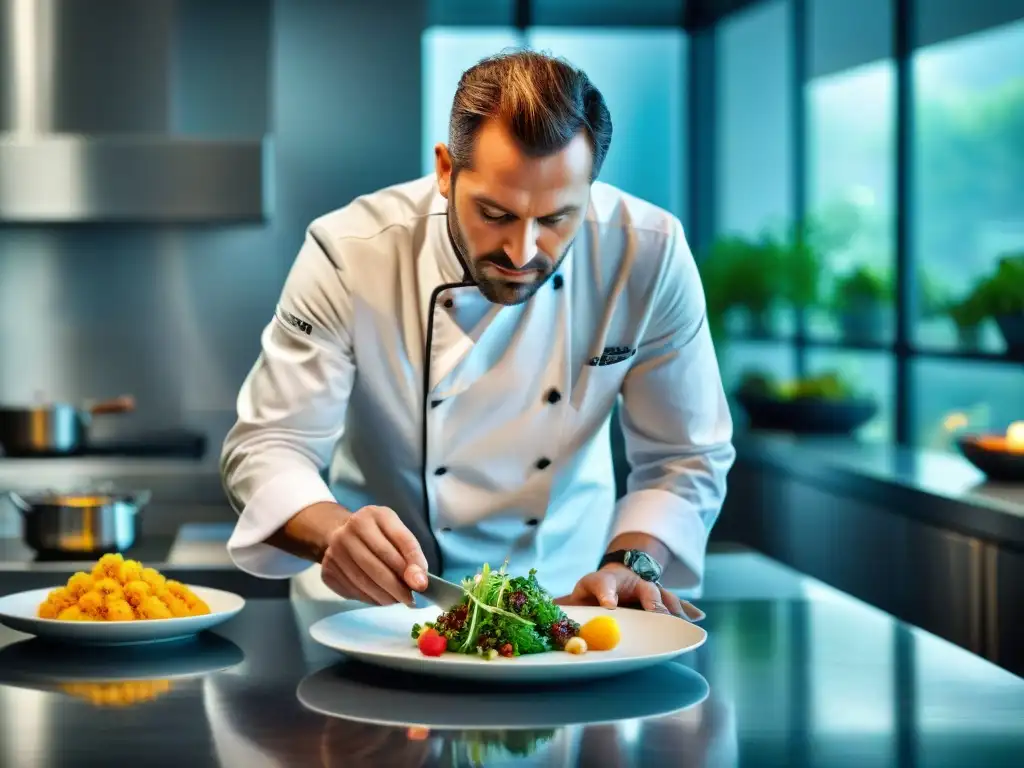 Un chef francés renombrado elaborando una innovadora nouvelle cuisine francesa en una cocina moderna y luminosa