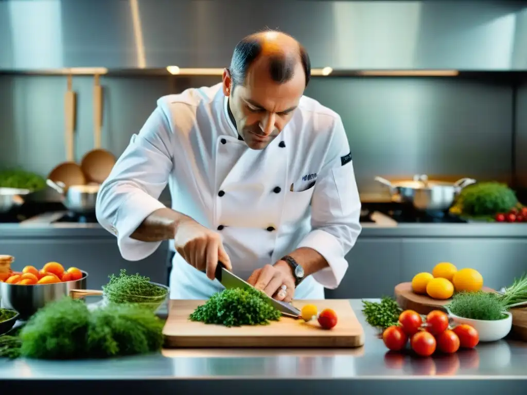 Un chef francés renombrado creando una innovadora obra culinaria en una cocina moderna