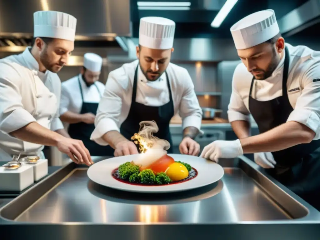 Un chef francés renombrado elabora una innovadora creación culinaria con su equipo en una cocina de vanguardia