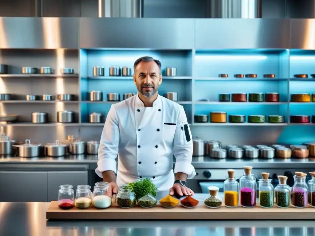 Chef francés innovando en laboratorio culinario de vanguardia Un chef francés renombrado en un laboratorio culinario de vanguardia, realizando innovaciones culinarias en Francia