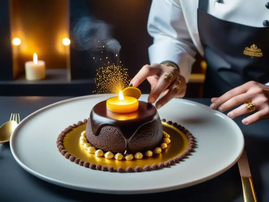 Un chef francés renombrado espolvoreando láminas de oro sobre un postre de chocolate en una cena secreta de lujo