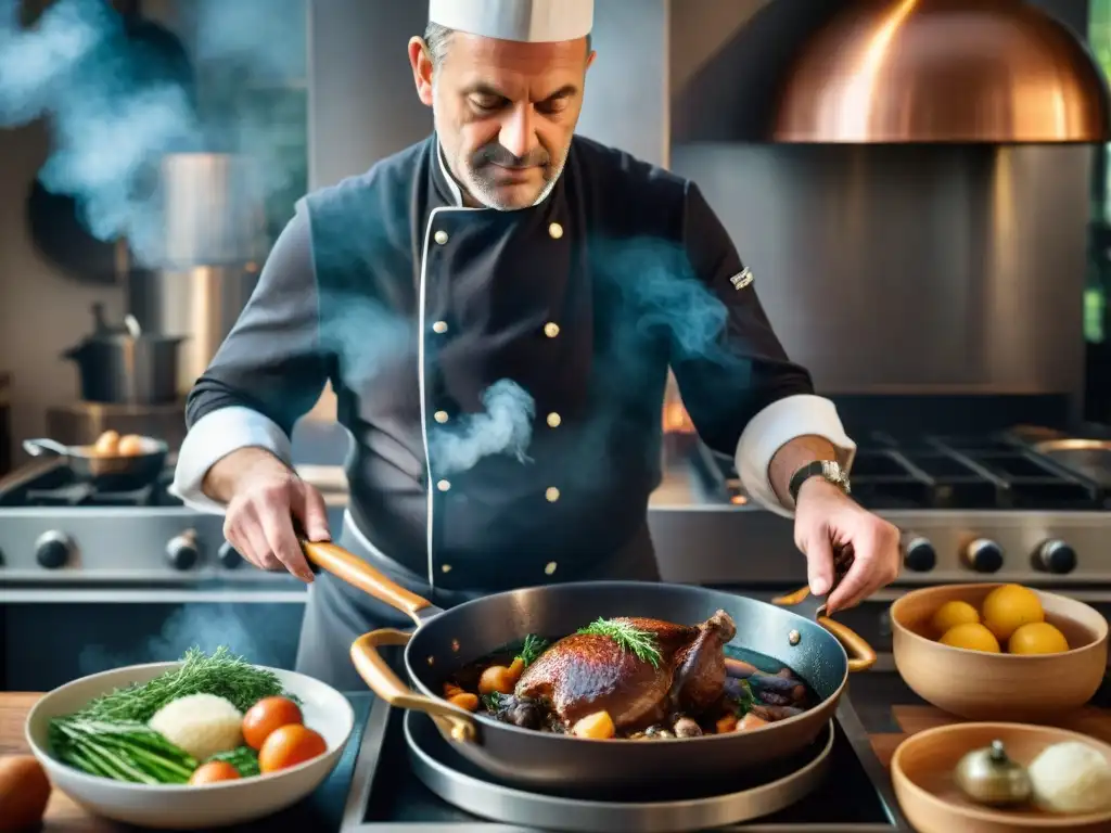 Un chef francés renombrado prepara con meticulosidad un tradicional Coq au Vin en una cocina bulliciosa, preservación cocina francesa chefs