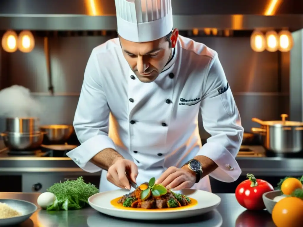 Un chef francés renombrado creando una obra de arte culinaria en un restaurante con estrella Michelin