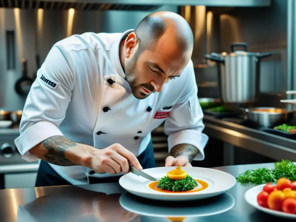 Un chef francés renombrado creando una obra de arte culinaria en una cocina moderna