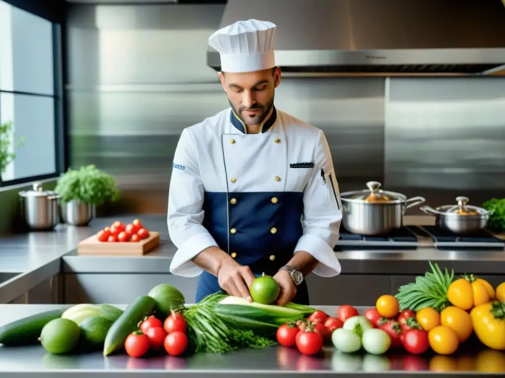 Un chef francés renombrado creando una obra maestra culinaria con frutas y verduras frescas