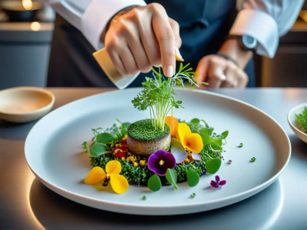 Un chef francés renombrado creando una obra de arte culinaria vanguardista en una cocina moderna, destacando la nouvelle cuisine francesa innovadora