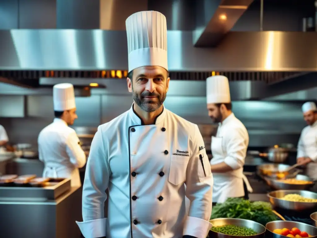 Un chef francés renombrado creando una obra culinaria en una cocina de alta gama en París