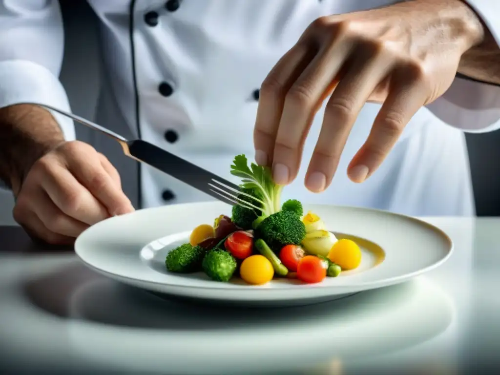 Un chef francés renombrado creando opciones saludables alta cocina francesa con precisión y arte