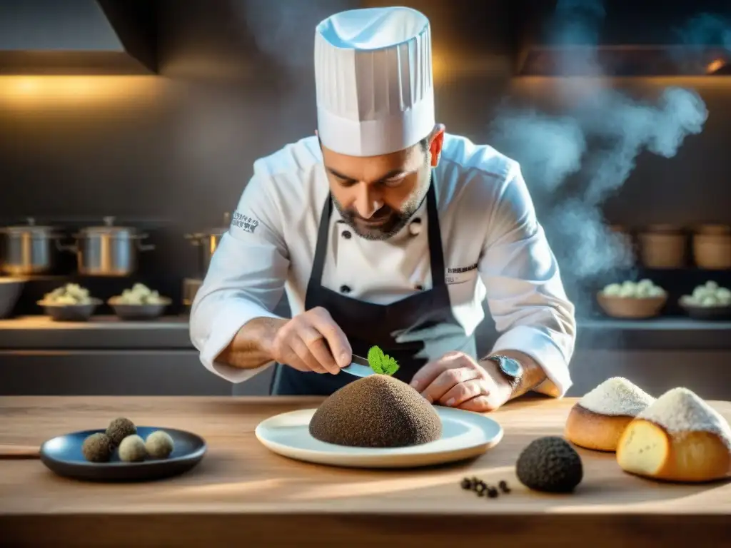 Un chef francés renombrado en Périgord, Francia, preparando trufa negra en una cocina tradicional