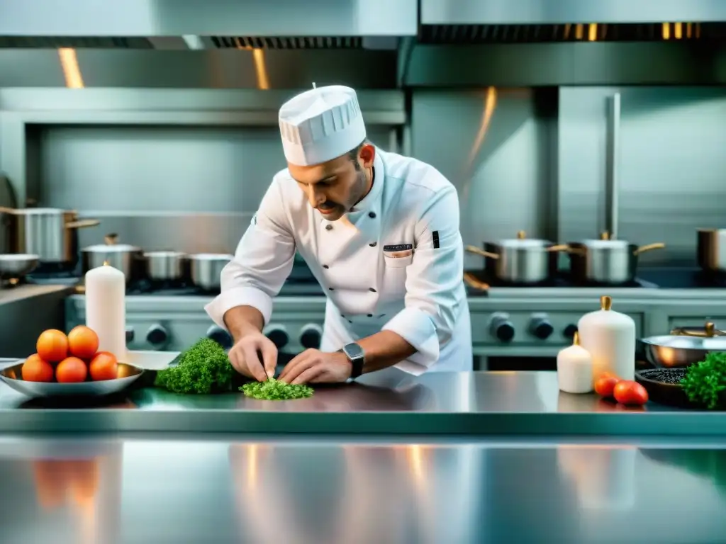 Chef francés renombrado elaborando platillo delicado en cocina profesional