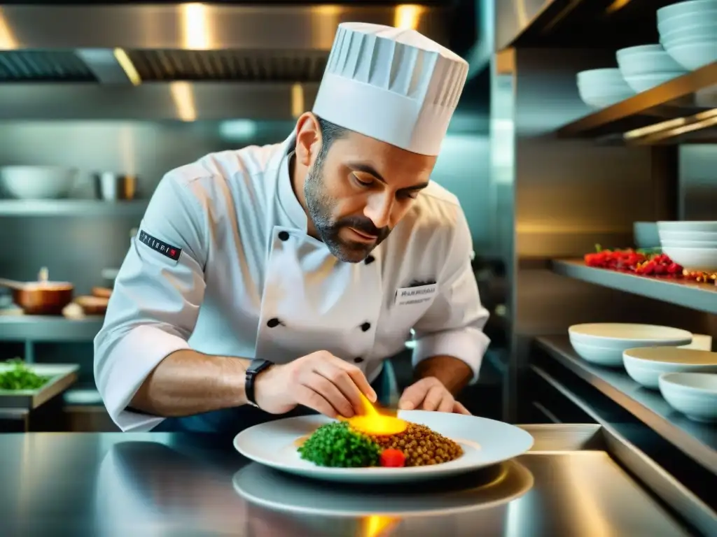 Un chef francés renombrado preparando un platillo moderno en una cocina de alta tecnología