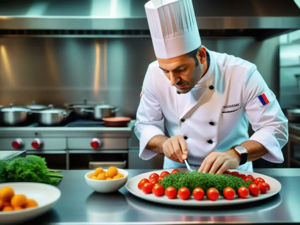 Un chef francés renombrado preparando un plato elaborado en una cocina profesional