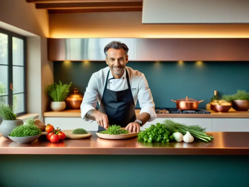 Un chef francés renombrado preparando un plato en una cocina tradicional francesa, rodeado de ingredientes frescos y utensilios de cocina