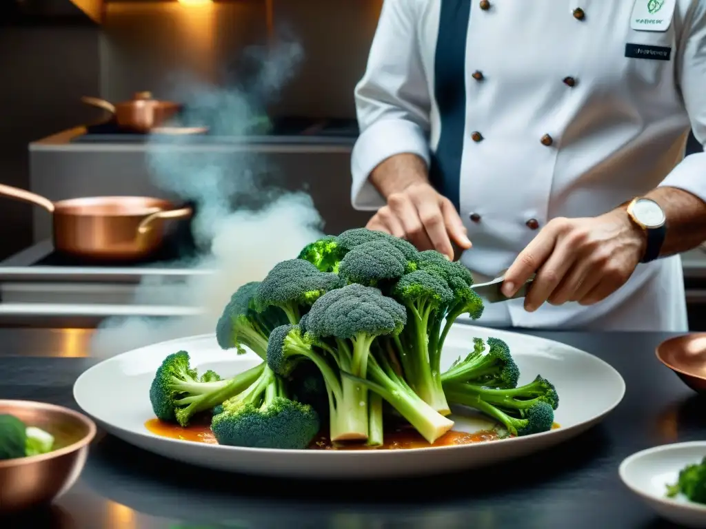 Un chef francés renombrado elabora un plato sofisticado con brócoli en una cocina francesa, llena de detalles y ambiente culinario