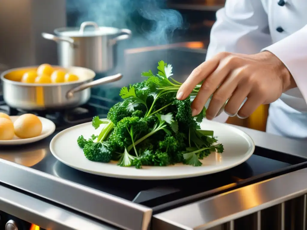 Un chef francés renombrado adorna un plato con perejil, símbolo frescura perejil gastronomía francesa