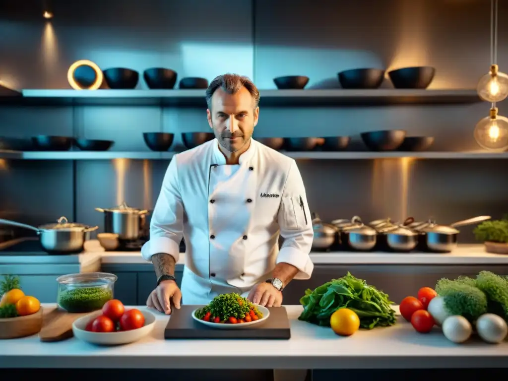 Un chef francés renombrado prepara un plato clásico con un toque contemporáneo en una cocina moderna