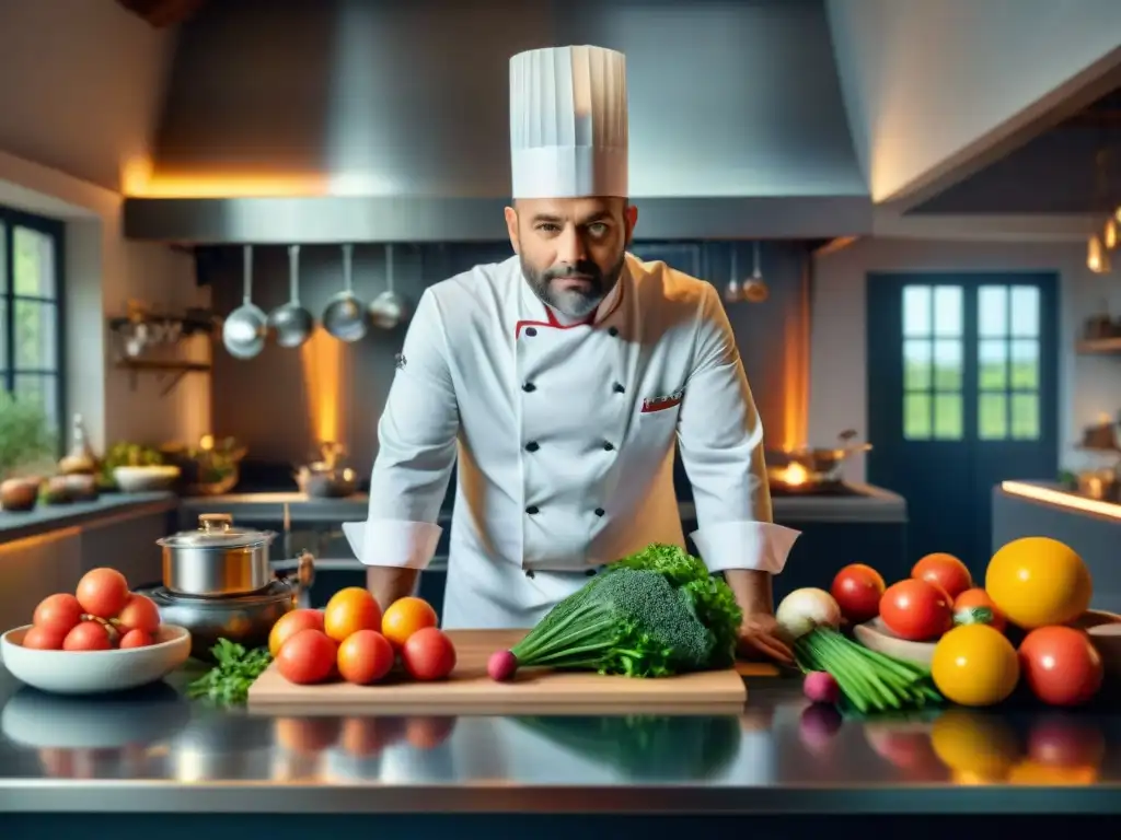 Un chef francés renombrado crea un plato innovador en una cocina tradicional, rodeado de ingredientes frescos y herramientas especializadas