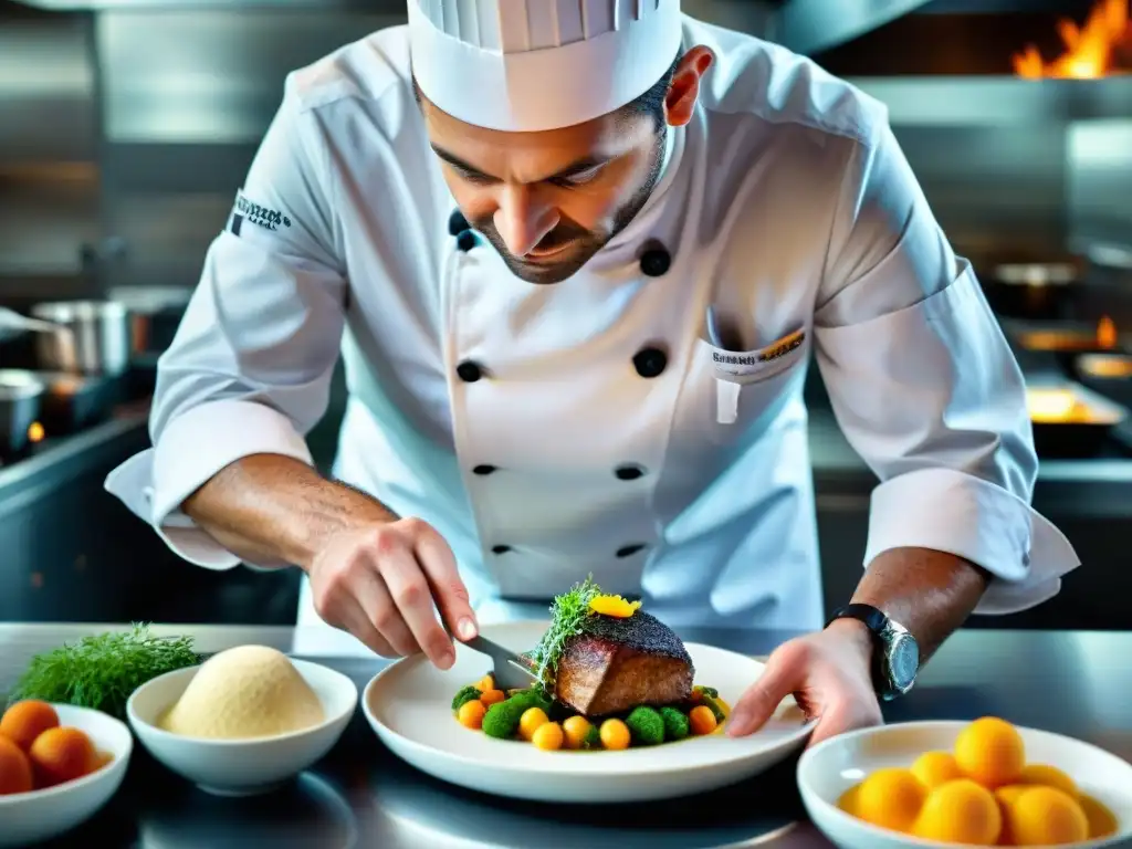 Un chef francés renombrado crea un plato icónico en una cocina de alta gama, fusionando tradición e innovación culinaria