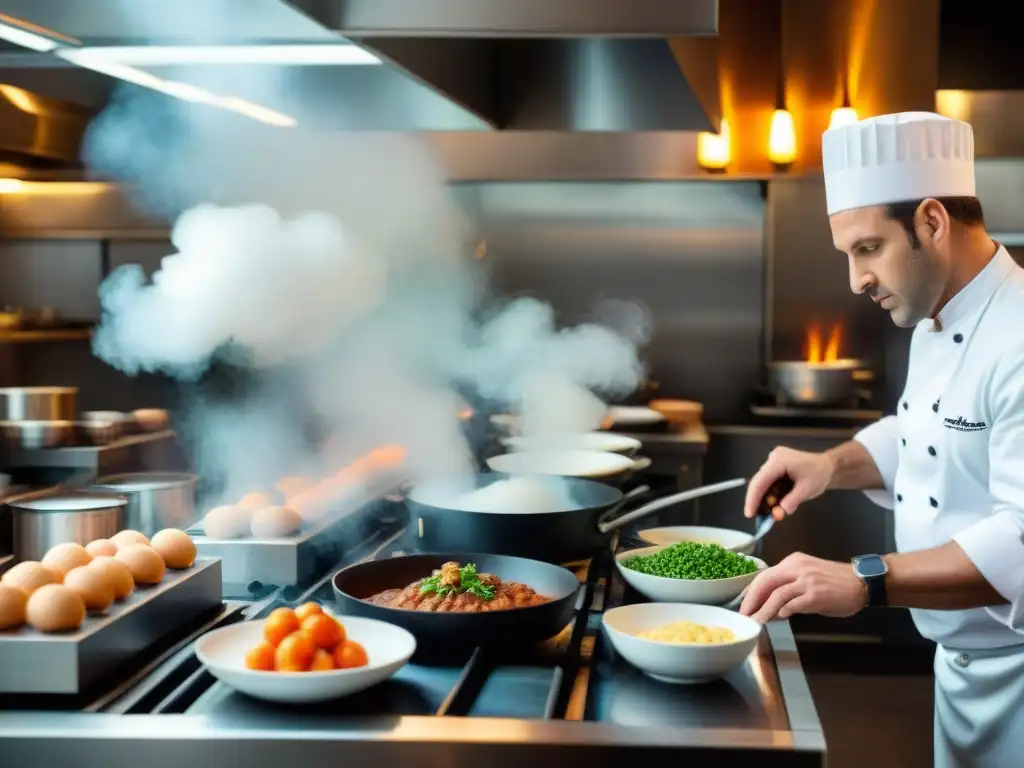 Un chef francés renombrado creando un plato clásico en una cocina parisina