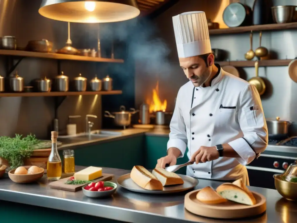 Chef francés en cocina clásica: fusión de arte culinario y música Un chef francés renombrado crea plato con baguettes, queso y vino al ritmo de música, en cocina clásica