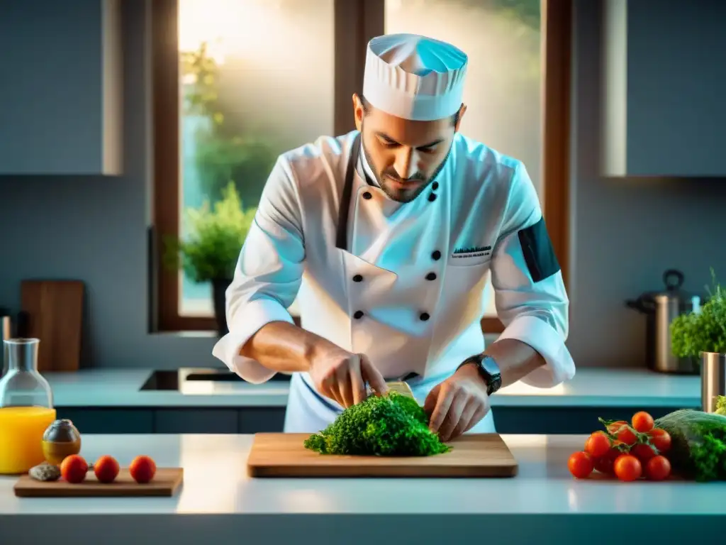 Un chef francés renombrado elabora platos innovadores cocina al vacío con precisión, rodeado de tecnología culinaria