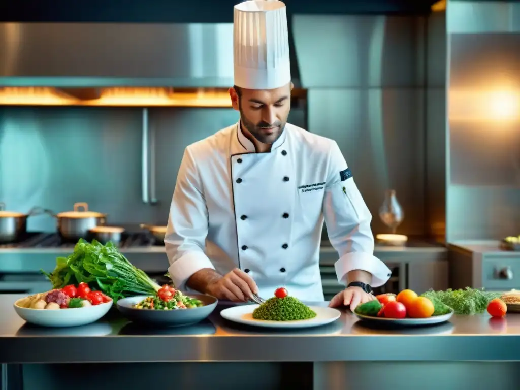 Un chef francés renombrado creando con precisión un innovador plato en una cocina moderna