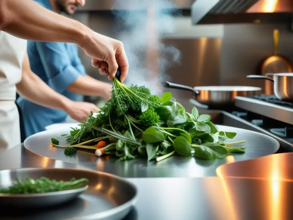 Un chef francés renombrado colocando con precisión los ingredientes secretos en un plato, en un concurso de cocina francesa